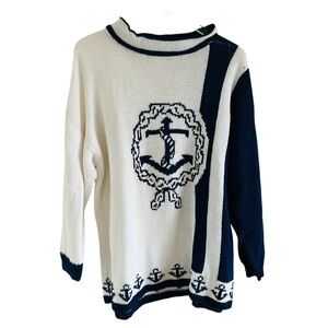 Vintage Nautical Anchor Navy and White Knit Long Sleeve Sweater
